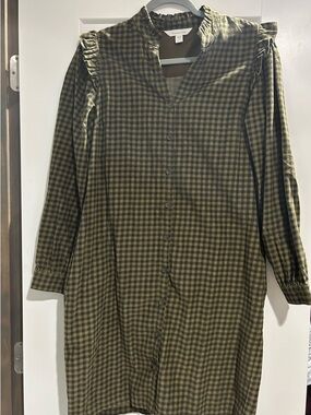 Garnet Hill Olive Green and Black Checked Ruffle-Shoulder Shirt Dress
